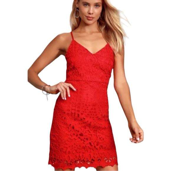 Lulus Mini Dress Lace Crochet Bodycon Spaghetti Strap Coral Women’s Size Small - Picture 1 of 15